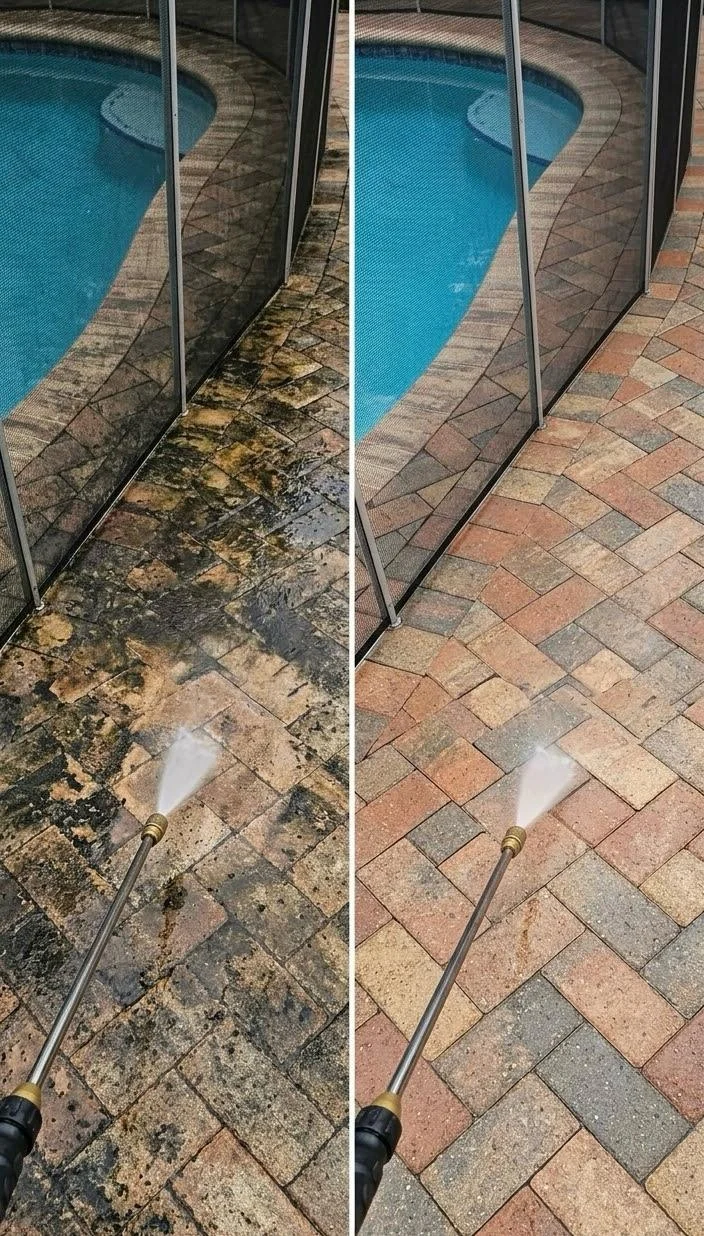 Split comparison showing a weathered poolside paver surface beside a cleaner finished surface
