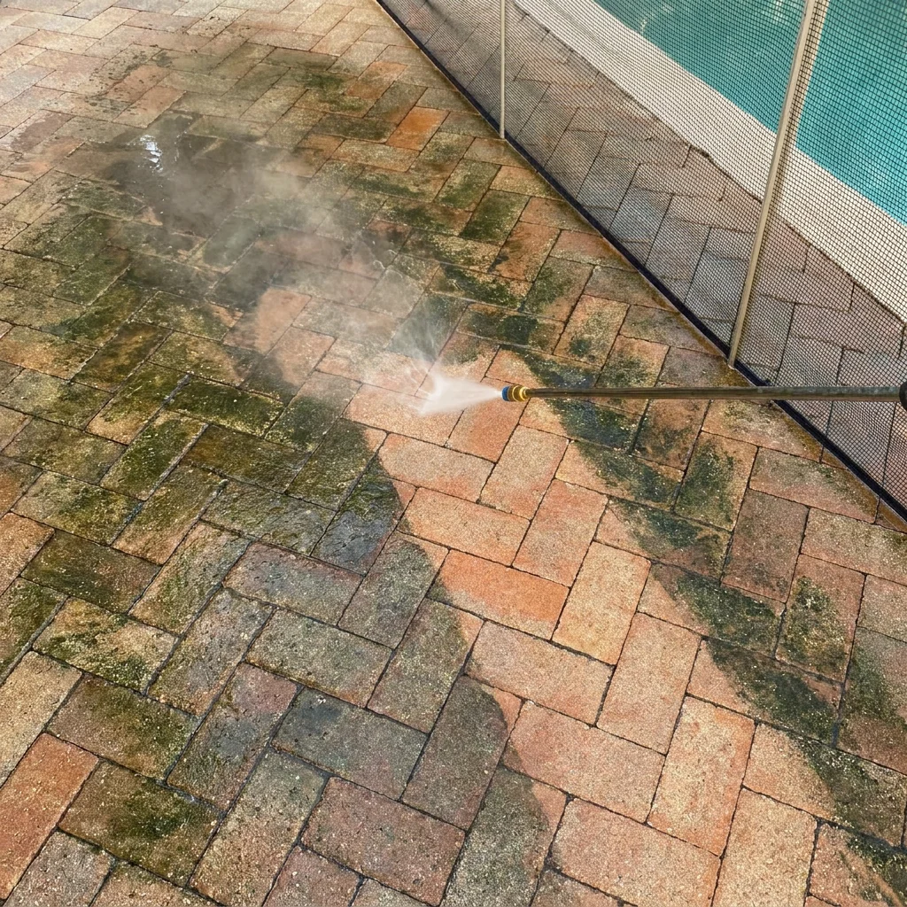 Wet pressure-washing process across residential brick pavers