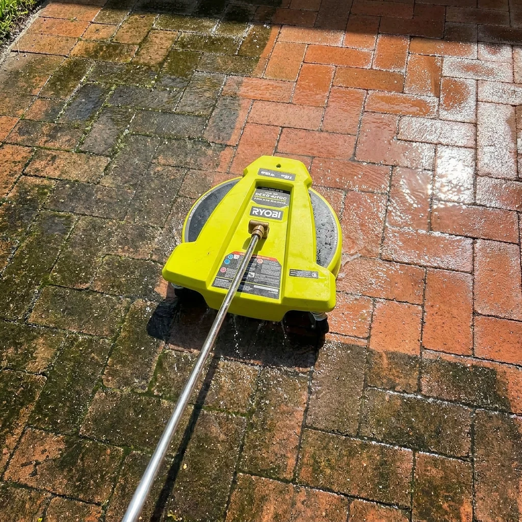 Professional surface cleaner working over a soiled brick paver area