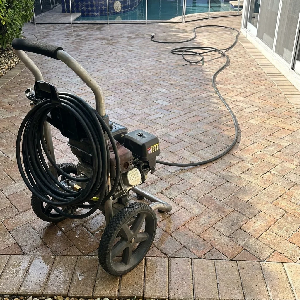 Pressure washing equipment and hose prepared on a poolside patio