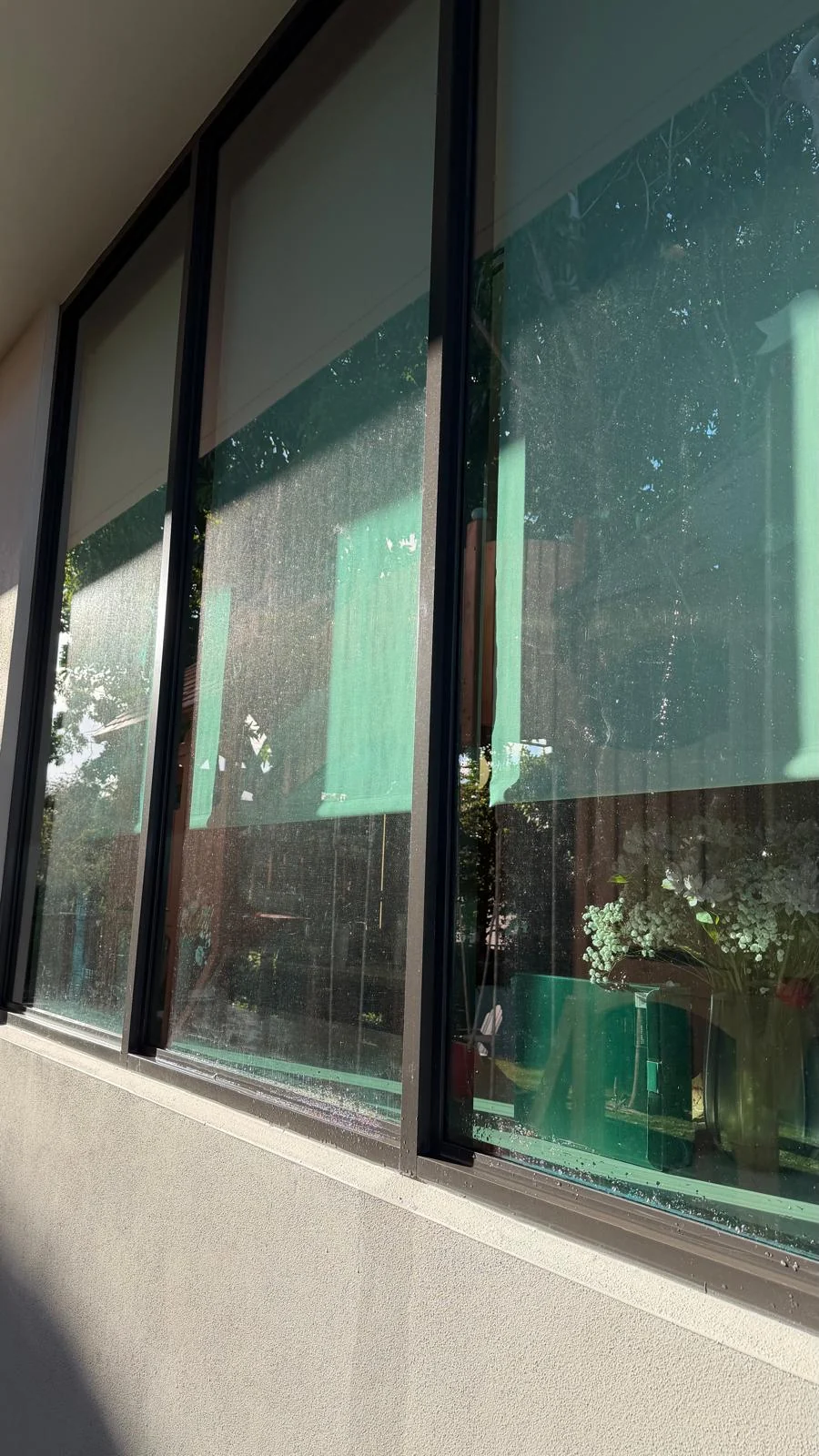 Residential window before professional cleaning with visible surface buildup